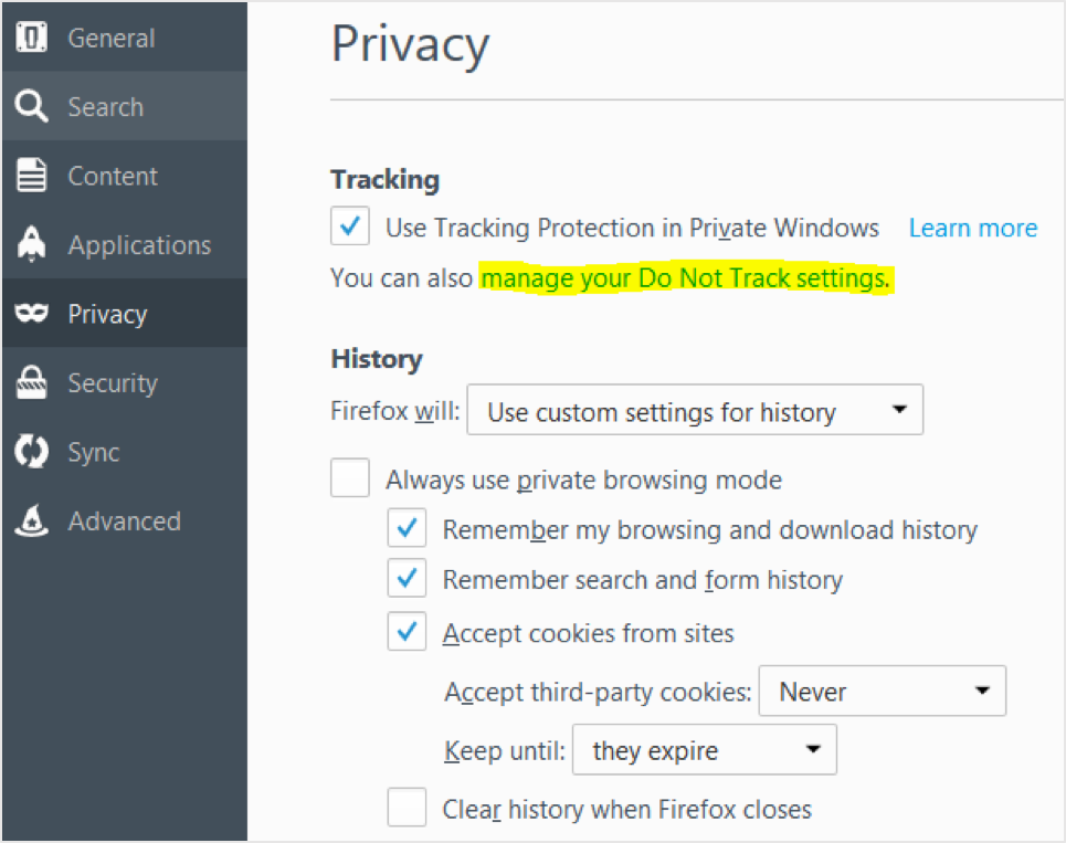 Privacy settings in Firefox browser